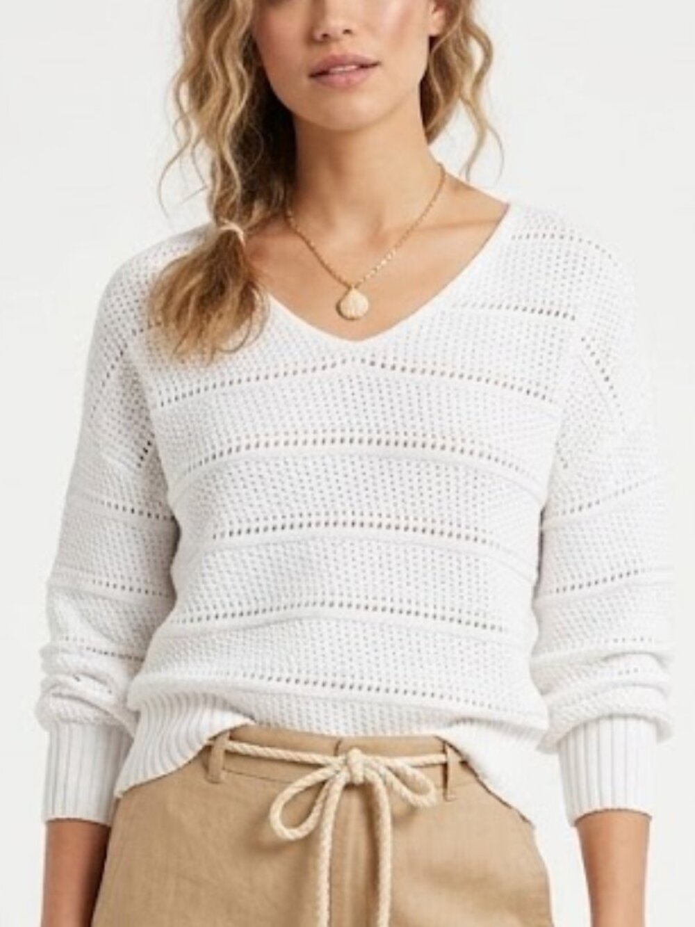 Tommy Bahama Beachy Cotton Open-Stitch V-Neck Sweater White Size L